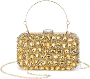 Evening Bags Clutch Purses for Women Formal, Gemstone Handbag Crystal Rhinestone Crossbody Square Bag with Chain Shoulder Bag Sparkly for Wedding Guest Party Gold