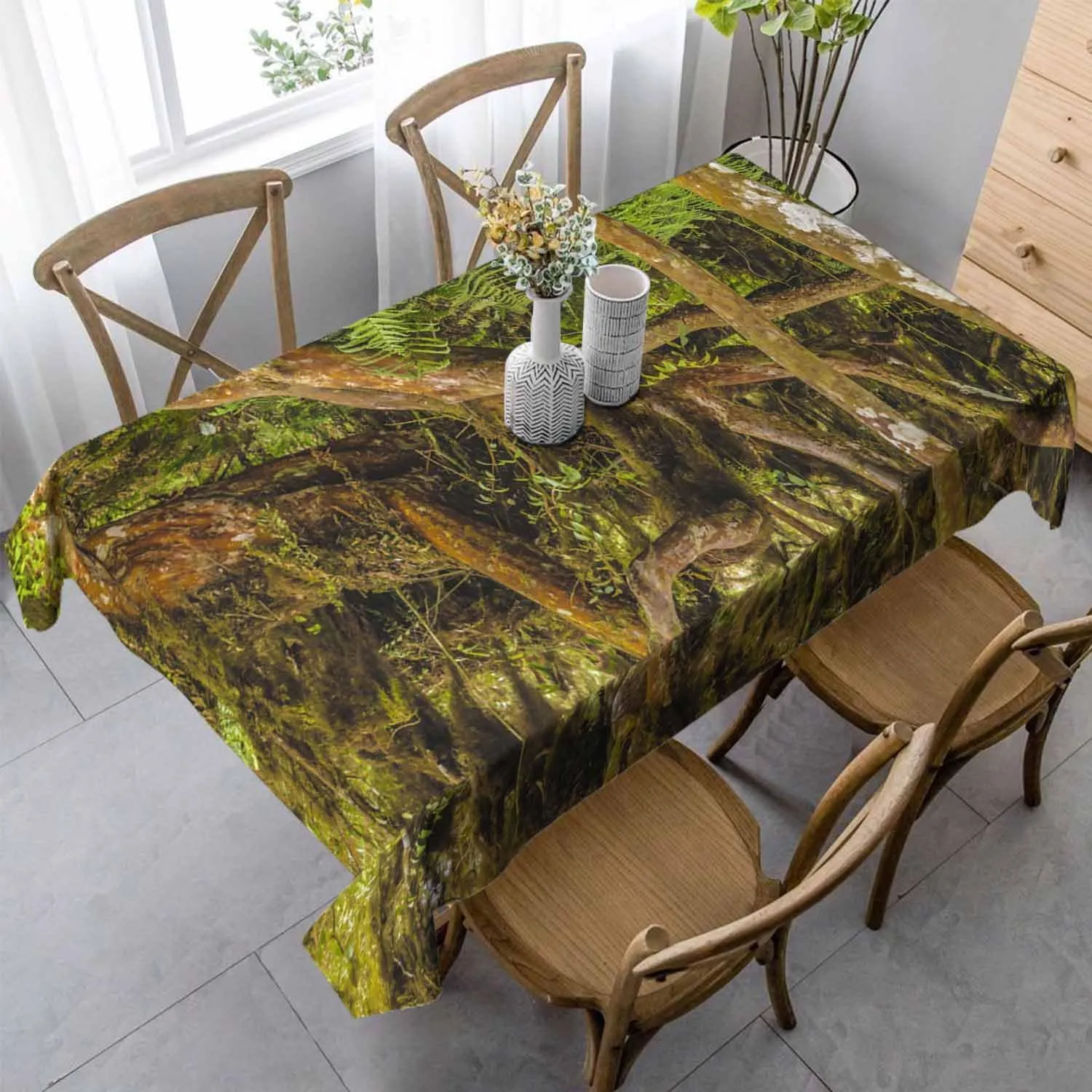 Exotic Big Tree Natural Rectangle Tablecloth Green Jungle Tropical Landscape Polyester Table Cloths for Dining Kitchen Outdoor Picnic Camping Party Wedding Event,Washable 52 x 70 Inch