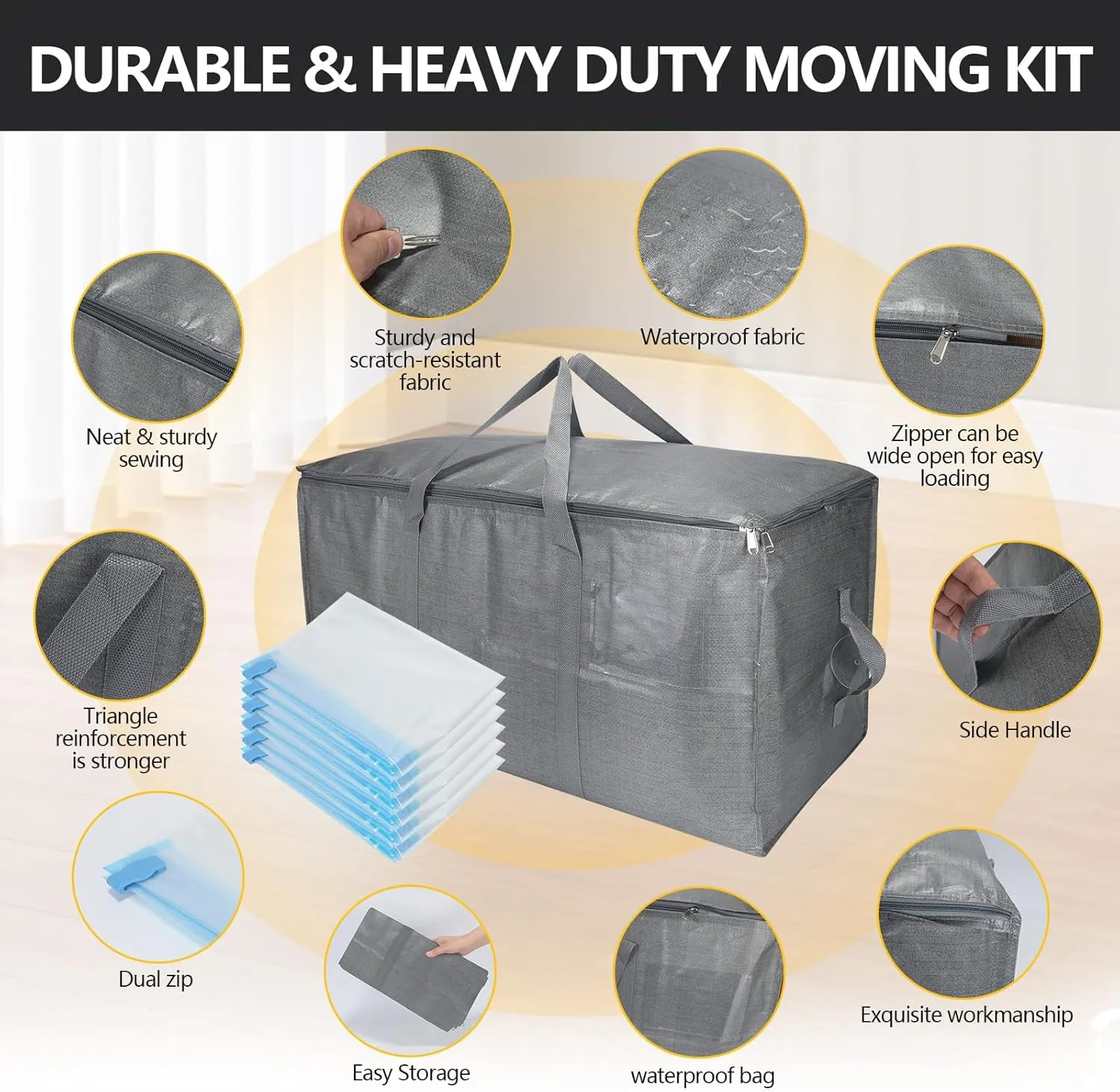 Extra Large Storage Bags Set Heavy Duty Moving Totes with Clear Tag Pocket & Wide Opening Carrying Design Vacuum Space Bag, (Gray, 18 Park-8 Moving bag & 10 Vacuum Seal Bags)