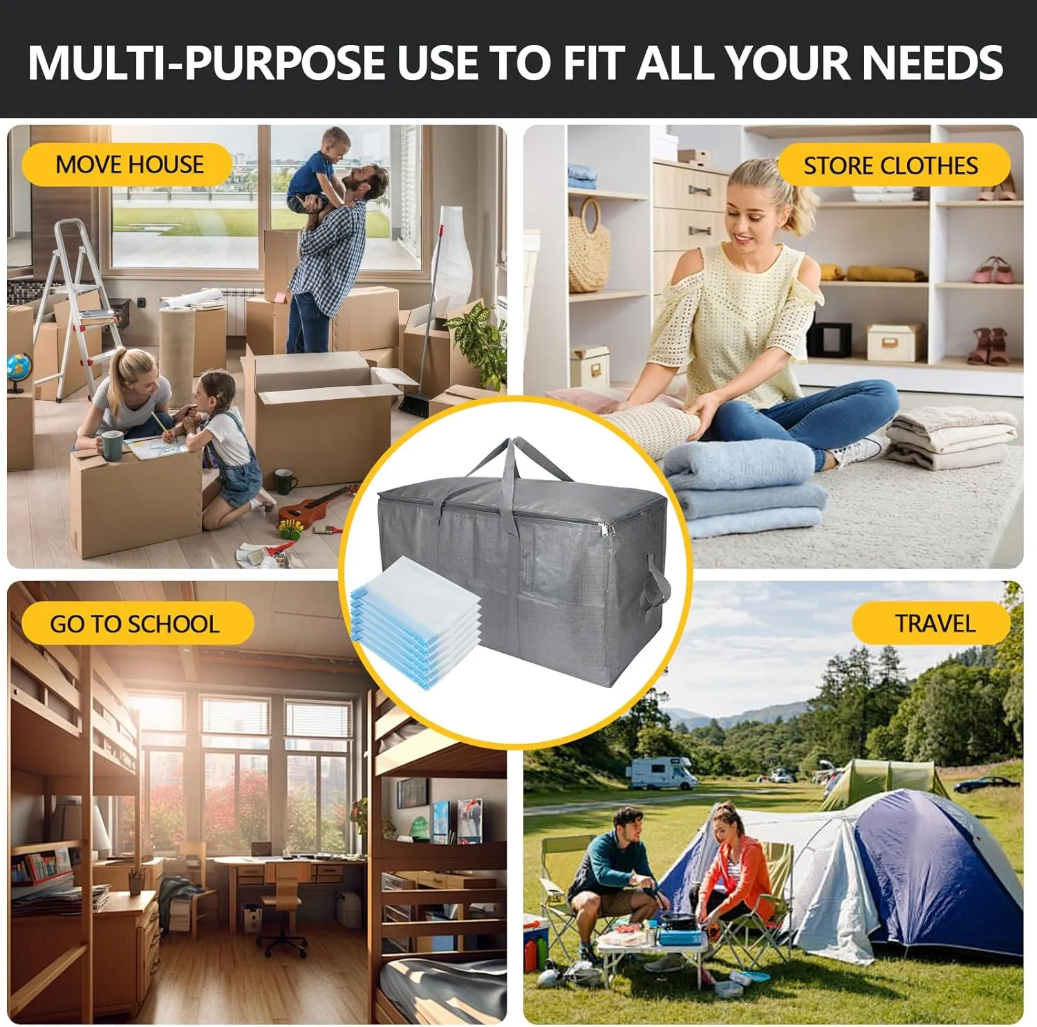 Extra Large Storage Bags Set Heavy Duty Moving Totes with Clear Tag Pocket & Wide Opening Carrying Design Vacuum Space Bag, (Gray, 18 Park-8 Moving bag & 10 Vacuum Seal Bags)