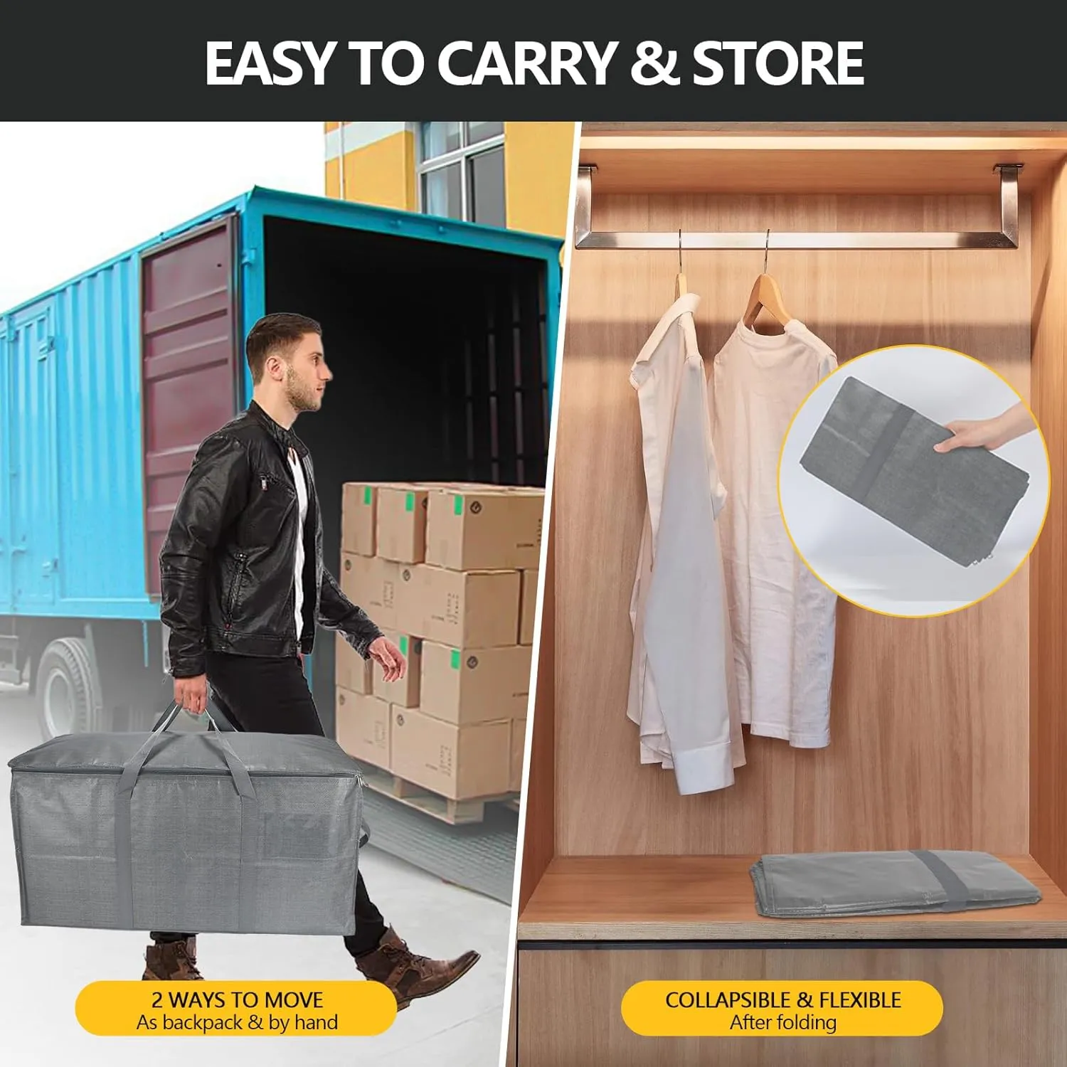 Extra Large Storage Bags Set Heavy Duty Moving Totes with Clear Tag Pocket & Wide Opening Carrying Design Vacuum Space Bag, (Gray, 18 Park-8 Moving bag & 10 Vacuum Seal Bags)