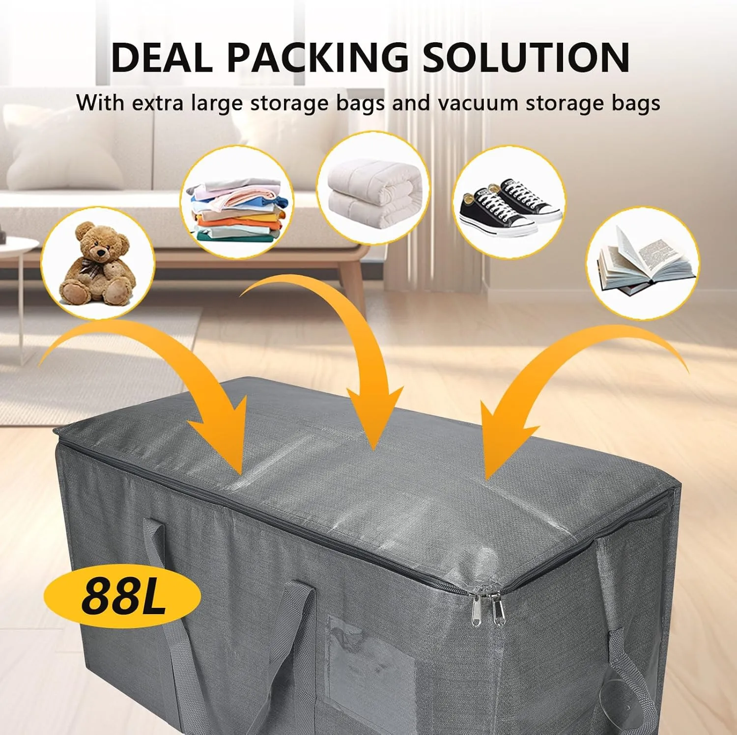 Extra Large Storage Bags Set Heavy Duty Moving Totes with Clear Tag Pocket & Wide Opening Carrying Design Vacuum Space Bag, (Gray, 18 Park-8 Moving bag & 10 Vacuum Seal Bags)