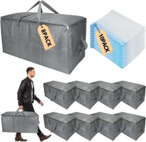 Extra Large Storage Bags Set Heavy Duty Moving Totes with Clear Tag Pocket & Wide Opening Carrying Design Vacuum Space Bag, (Gray, 18 Park-8 Moving bag & 10 Vacuum Seal Bags)