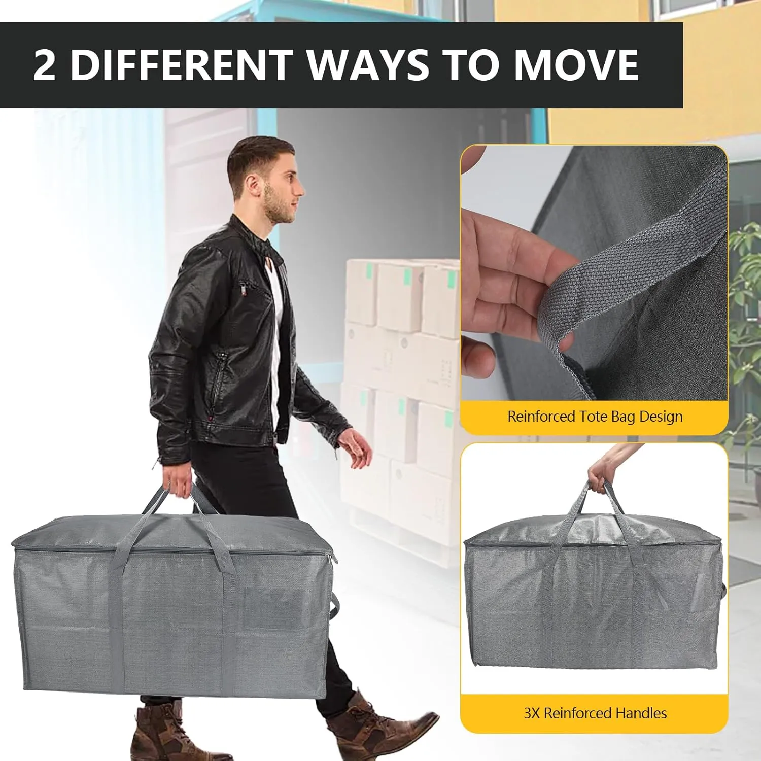 Extra Large Storage Bags Set Heavy Duty Moving Totes with Clear Tag Pocket & Wide Opening Carrying Design Vacuum Space Bag, (Gray, 18 Park-8 Moving bag & 10 Vacuum Seal Bags)