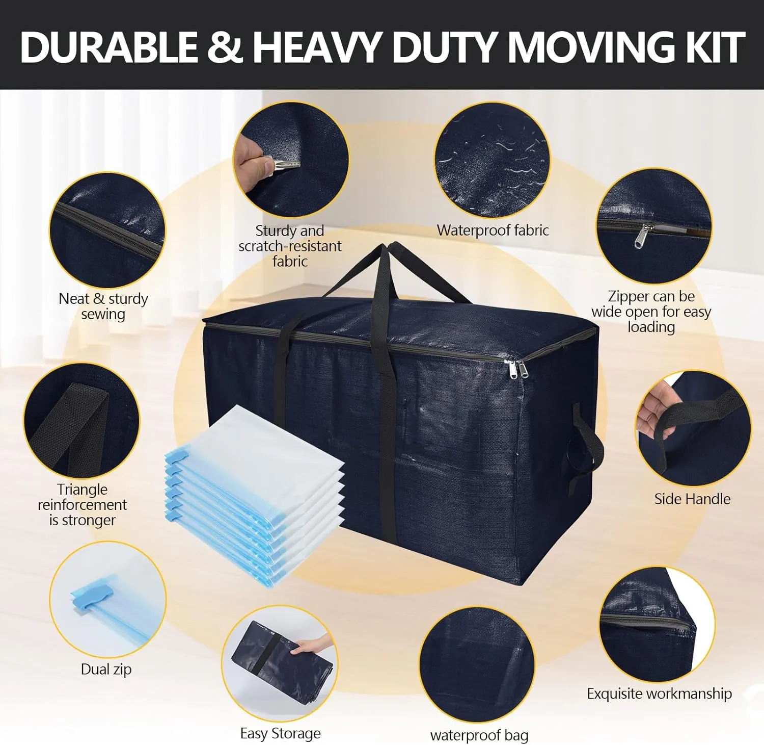 Extra Large Storage Bags Set Heavy Duty Moving Totes with Handles, Design Durable Storage Bins & 10 Vacuum Seal Bag For Moving Organizing, (Dark Blue, 18 Park-8 Moving bag & 10 Vacuum Seal Bags)