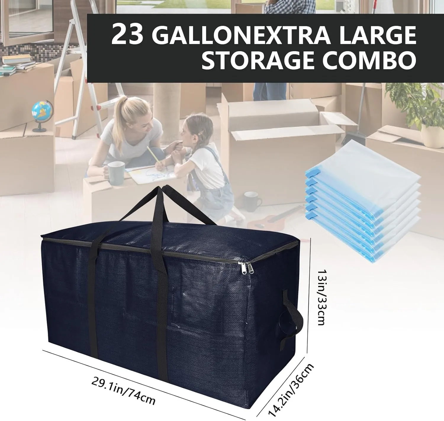 Extra Large Storage Bags Set Heavy Duty Moving Totes with Handles, Design Durable Storage Bins & 10 Vacuum Seal Bag For Moving Organizing, (Dark Blue, 18 Park-8 Moving bag & 10 Vacuum Seal Bags)