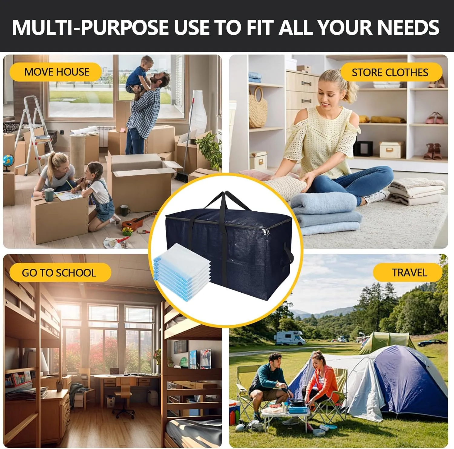 Extra Large Storage Bags Set Heavy Duty Moving Totes with Handles, Design Durable Storage Bins & 10 Vacuum Seal Bag For Moving Organizing, (Dark Blue, 18 Park-8 Moving bag & 10 Vacuum Seal Bags)
