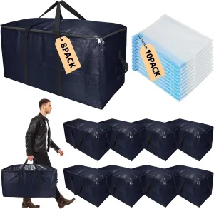 Extra Large Storage Bags Set Heavy Duty Moving Totes with Handles, Design Durable Storage Bins & 10 Vacuum Seal Bag For Moving Organizing, (Dark Blue, 18 Park-8 Moving bag & 10 Vacuum Seal Bags)