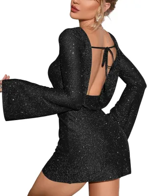 EYNMIN Women's Sparkly Sequin Backless Tie Mini Dress Long Sleeve Glitter Bodycon Party Club Dresses