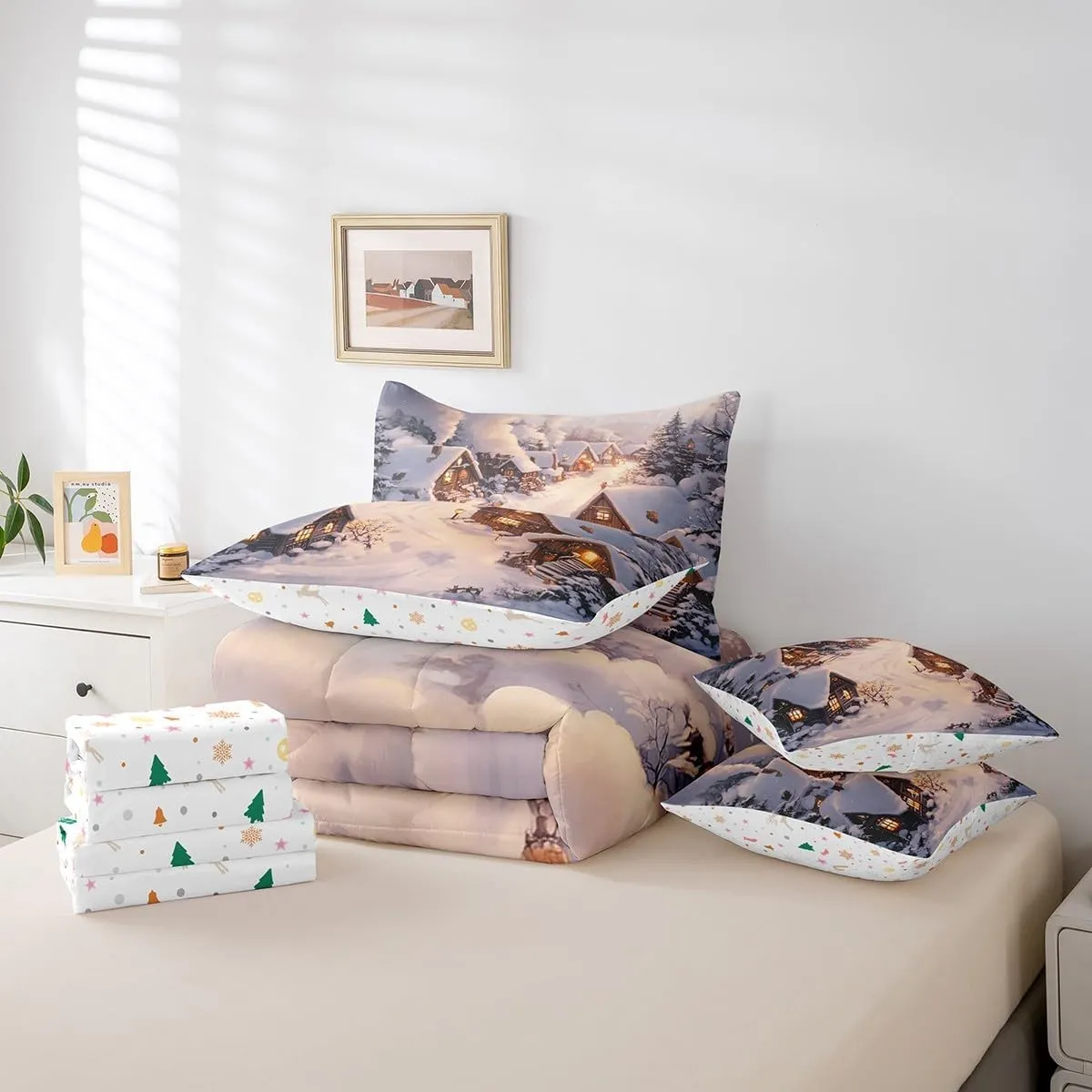 Farmhouse 7 Pcs King Bedding Sets Retro Wood Cabin Jungle Pine Tree Comforter Set for Kids Teens Adults Bed in a Bag(Comforter Flat Sheet Fitted Sheet 2 Pillowcases 2 Throw Pillow Covers)