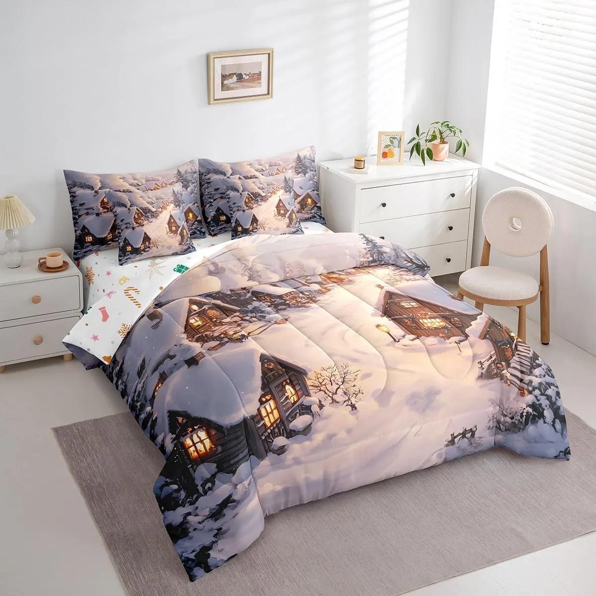 Farmhouse 7 Pcs King Bedding Sets Retro Wood Cabin Jungle Pine Tree Comforter Set for Kids Teens Adults Bed in a Bag(Comforter Flat Sheet Fitted Sheet 2 Pillowcases 2 Throw Pillow Covers)