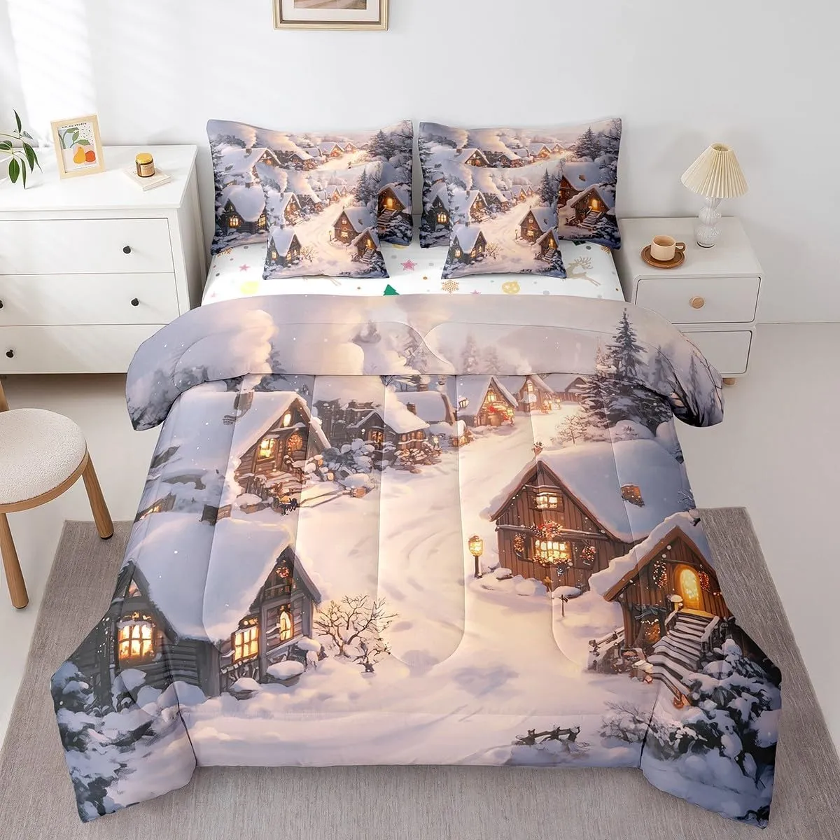 Farmhouse 7 Pcs King Bedding Sets Retro Wood Cabin Jungle Pine Tree Comforter Set for Kids Teens Adults Bed in a Bag(Comforter Flat Sheet Fitted Sheet 2 Pillowcases 2 Throw Pillow Covers)