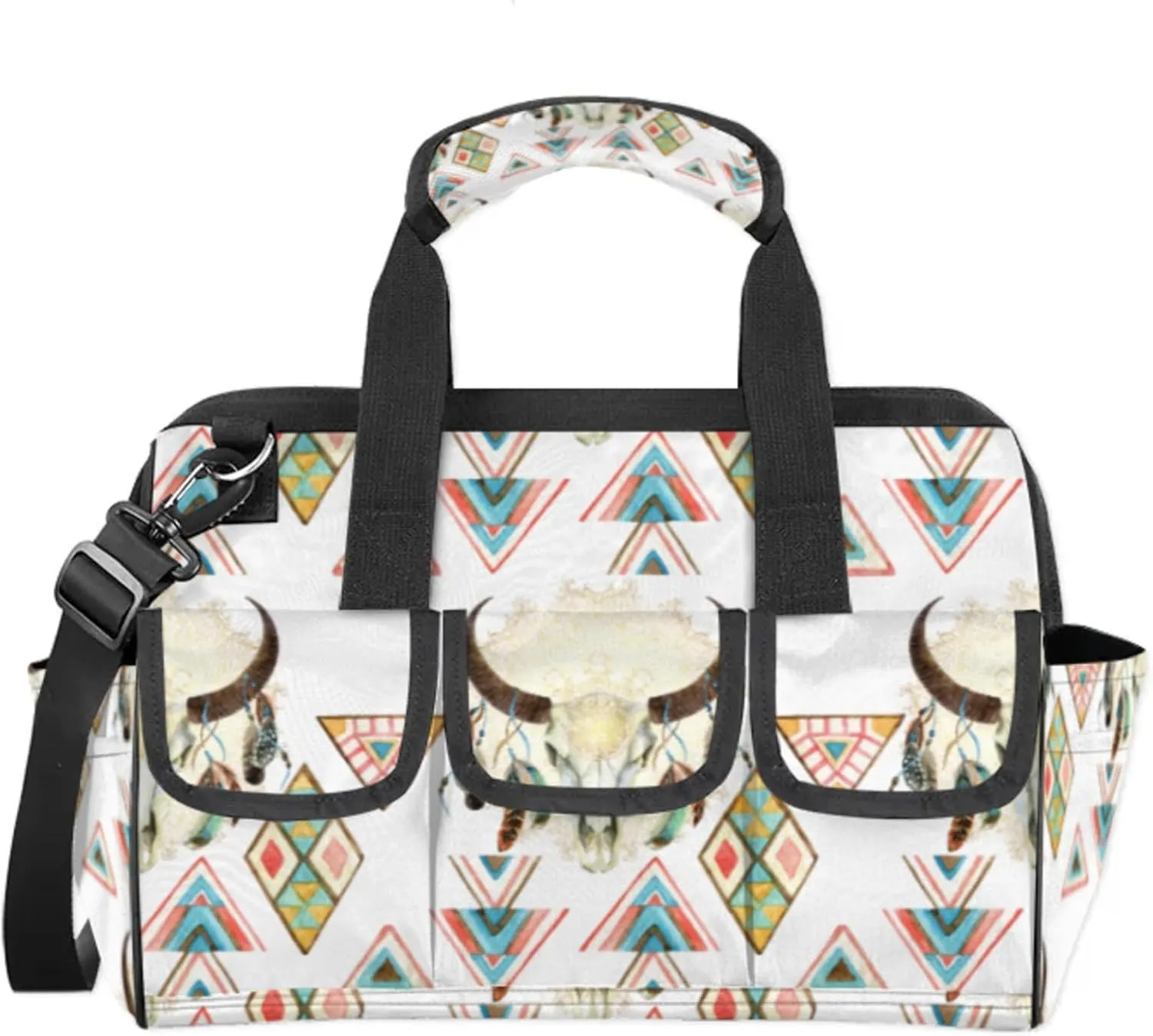 Feathered Ox Head Tool Bag Wide Mouth 14.8" Portable Tools Tote 14 Pockets Waterproof Heavy Duty Tool Organizer Adjustable Shoulder Strap for Men Women Garden Tools