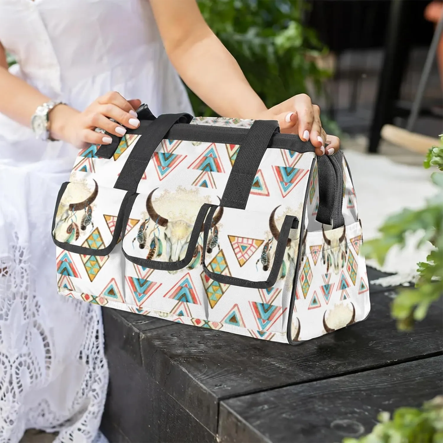 Feathered Ox Head Tool Bag Wide Mouth 14.8" Portable Tools Tote 14 Pockets Waterproof Heavy Duty Tool Organizer Adjustable Shoulder Strap for Men Women Garden Tools