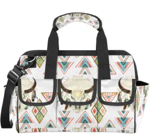 Feathered Ox Head Tool Bag Wide Mouth 14.8" Portable Tools Tote 14 Pockets Waterproof Heavy Duty Tool Organizer Adjustable Shoulder Strap for Men Women Garden Tools