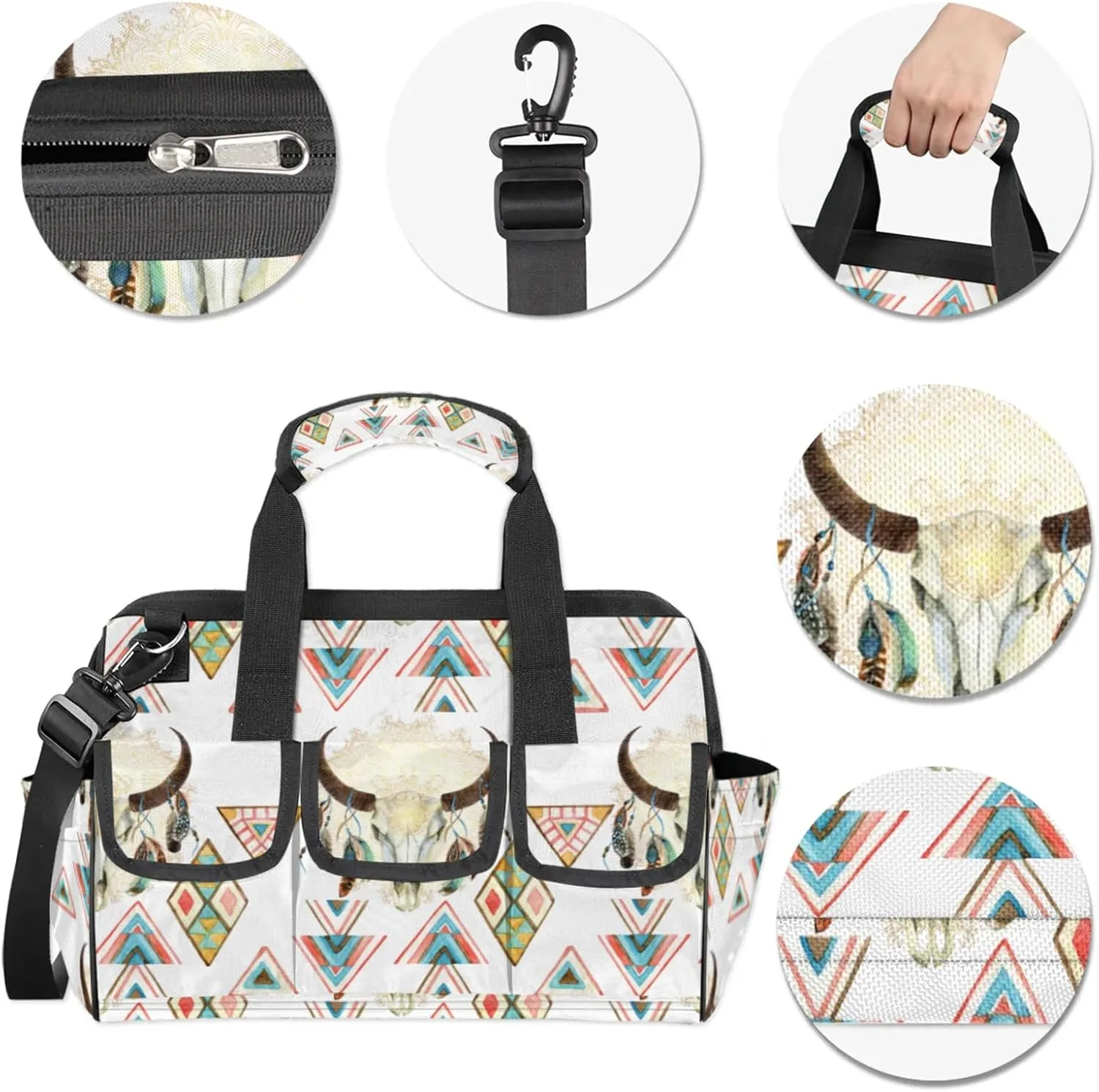 Feathered Ox Head Tool Bag Wide Mouth 14.8" Portable Tools Tote 14 Pockets Waterproof Heavy Duty Tool Organizer Adjustable Shoulder Strap for Men Women Garden Tools