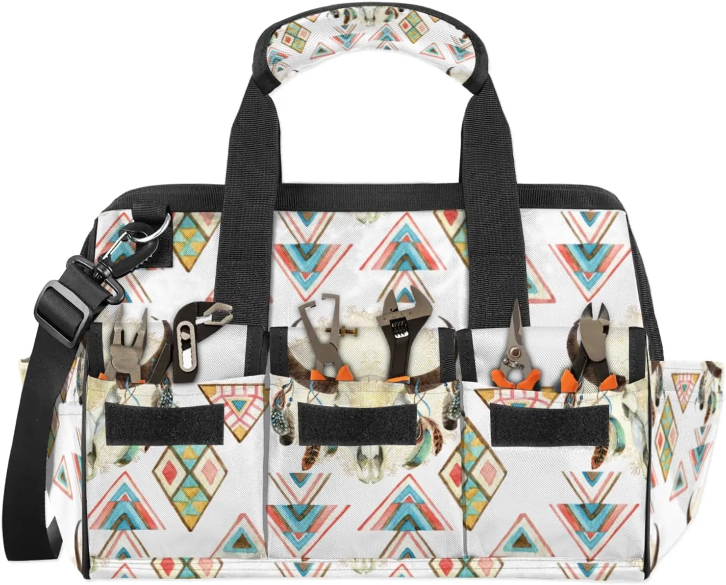 Feathered Ox Head Tool Bag Wide Mouth 14.8" Portable Tools Tote 14 Pockets Waterproof Heavy Duty Tool Organizer Adjustable Shoulder Strap for Men Women Garden Tools