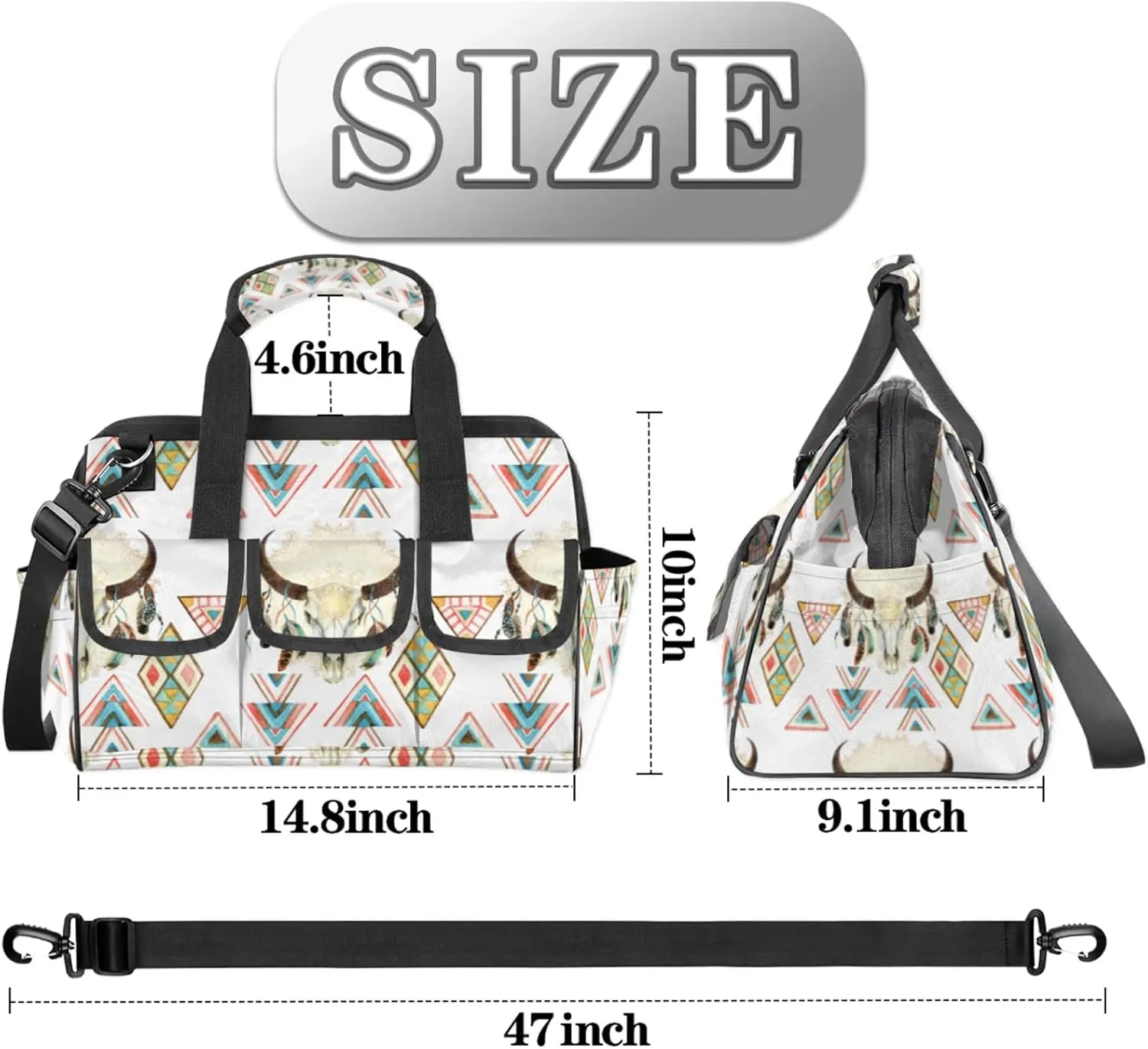 Feathered Ox Head Tool Bag Wide Mouth 14.8" Portable Tools Tote 14 Pockets Waterproof Heavy Duty Tool Organizer Adjustable Shoulder Strap for Men Women Garden Tools