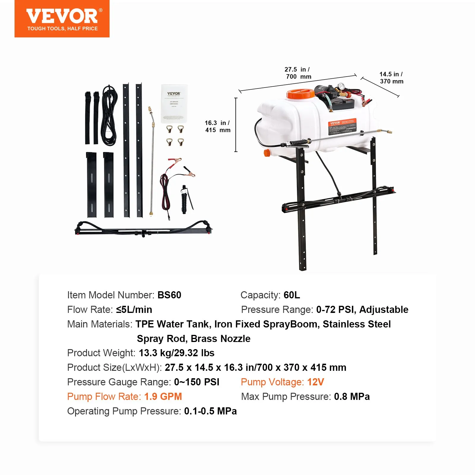 (FINAL PRICES ARE LOWER ON OUR SITE!) VEVOR ATV Spot Sprayer, 15.9 Gal/60 L ATV/UTV Broadcast Sprayer with A Nozzle Boom, 12 V Pump Weed Sprayer with Water Tank, 1.9 GPM Flow Rate, Adjustable 0-72 PSI, 20FT Hose, White