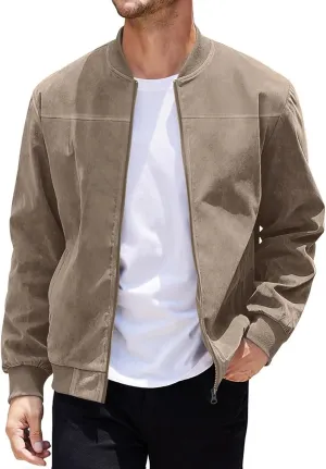 Finelylove Mens Faux Suede Leather Jacket Lightweight Casual Solid Bomber Jacket Water Resistant Windbreaker Outwear