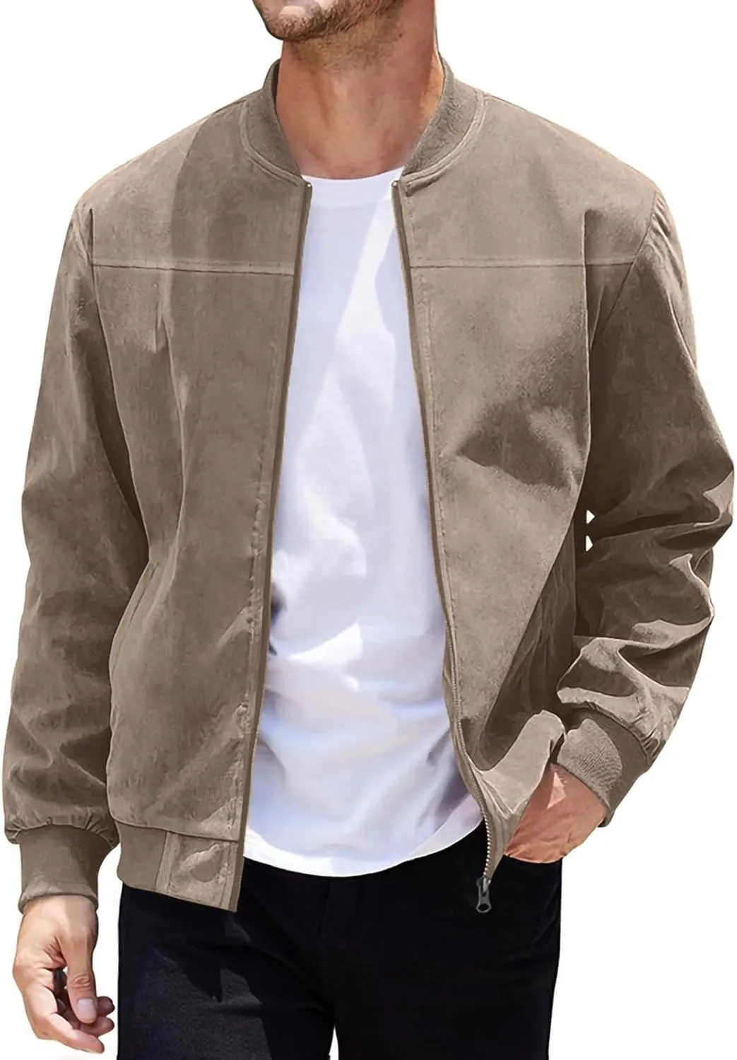 Finelylove Mens Faux Suede Leather Jacket Lightweight Casual Solid Bomber Jacket Water Resistant Windbreaker Outwear