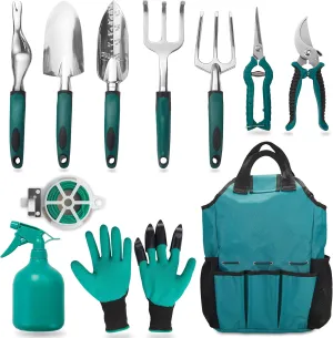 FiveJoy Garden Tool Set, 11 PCS Aluminum Gardening Hand Tools with Tote Bag, Ergonomic Handle, Gift for Mom, Garden Starter Kit for Women