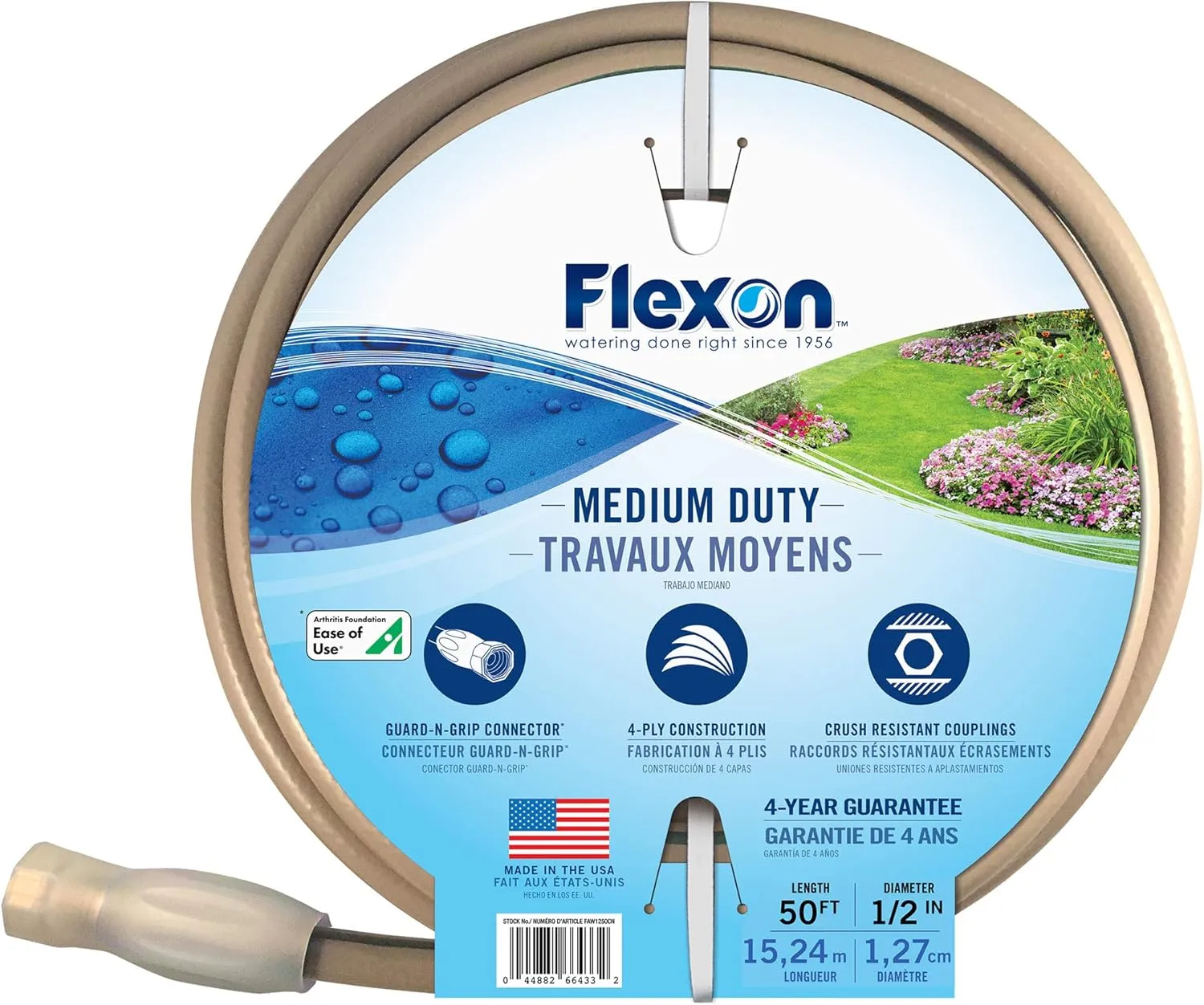 Flexon 1/2" x 50ft Medium Duty Garden Hose – Kink-Resistant, Durable Vinyl, Leak-Proof Couplings, Weather-Resistant, Flexible Water Hose for Lawn, Garden, and Outdoor Use