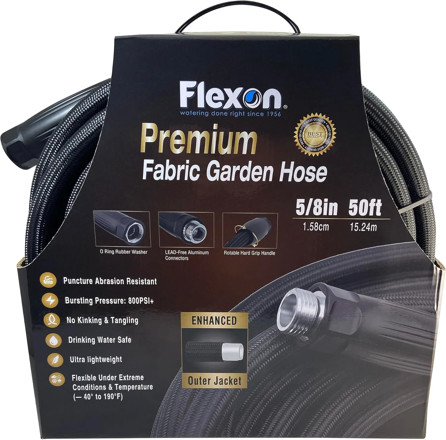 Flexon 5/8" x 50 ft Premium Fabric Lightweight, Kink-Free Garden Hose – BPA-Free, Lead-Free, Phthalate-Free, 800PSI, Ideal for Use with your Lawn, Garden, Boats, RVs, Pets, and Organic Gardening