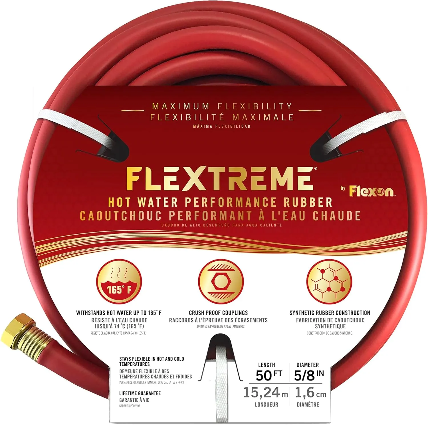 Flexon Flextreme 5/8" x 50ft Red Synthetic Performance Rubber Garden Hose – Lightweight, All-Weather Flexibility, Heavy-Duty, Kink-Resistant, Solid Brass Couplings, Watering Hose for Lawn & Garden