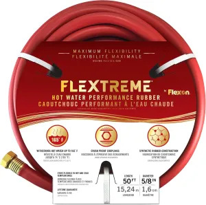 Flexon Flextreme 5/8" x 50ft Red Synthetic Performance Rubber Garden Hose – Lightweight, All-Weather Flexibility, Heavy-Duty, Kink-Resistant, Solid Brass Couplings, Watering Hose for Lawn & Garden