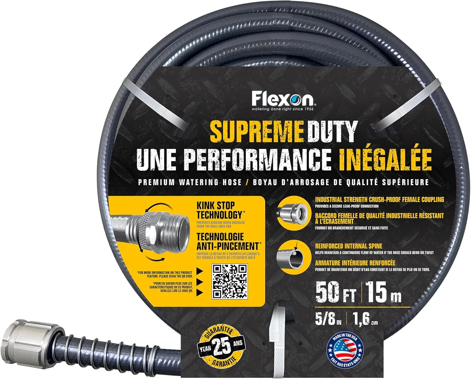 Flexon Supreme Duty 5/8" x 50-Foot Heavy-Duty Garden Hose – Kink-Resistant, High Burst Strength, Crush-Proof Brass Fittings, Ideal for Landscaping and Job Sites