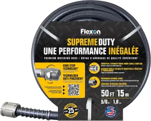 Flexon Supreme Duty 5/8" x 50-Foot Heavy-Duty Garden Hose – Kink-Resistant, High Burst Strength, Crush-Proof Brass Fittings, Ideal for Landscaping and Job Sites