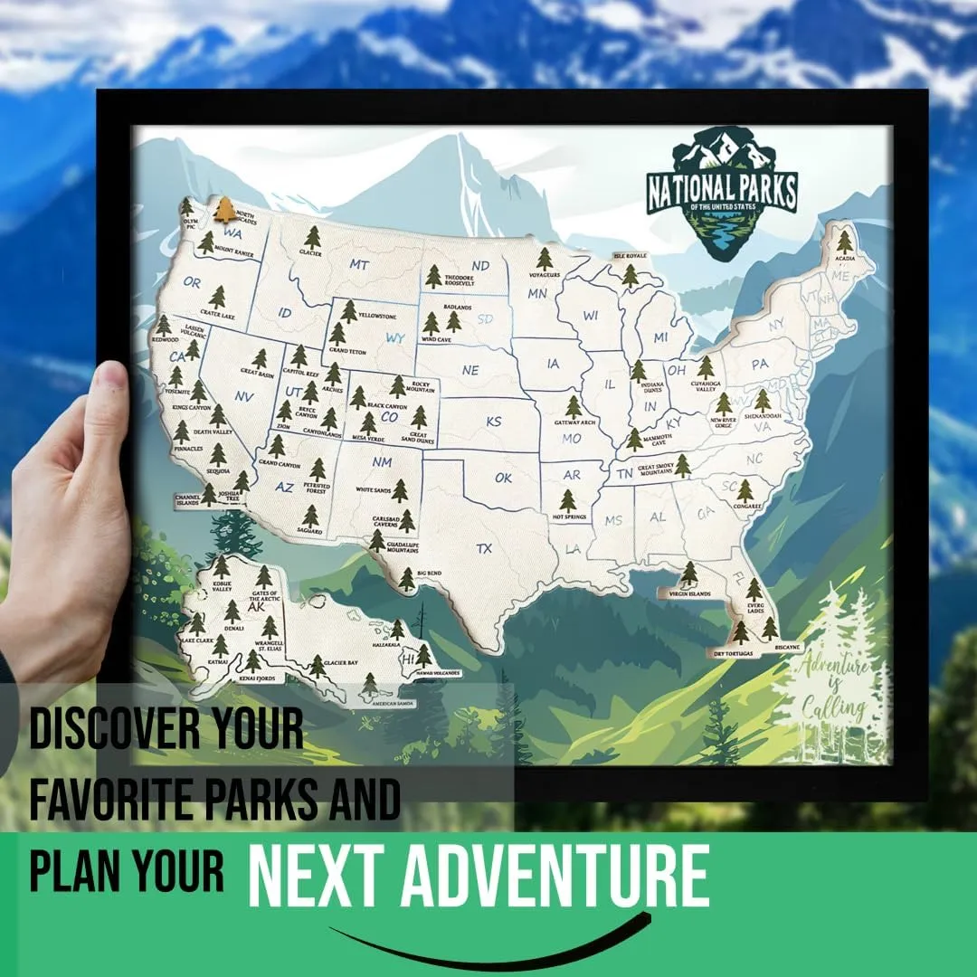 flinelife National Parks Map With Wooden Pine Tree Pins, 12X10, National Park Bucket List Cork Map, Perfect for National Parks Lovers, Hiker, Couples and Families Gift