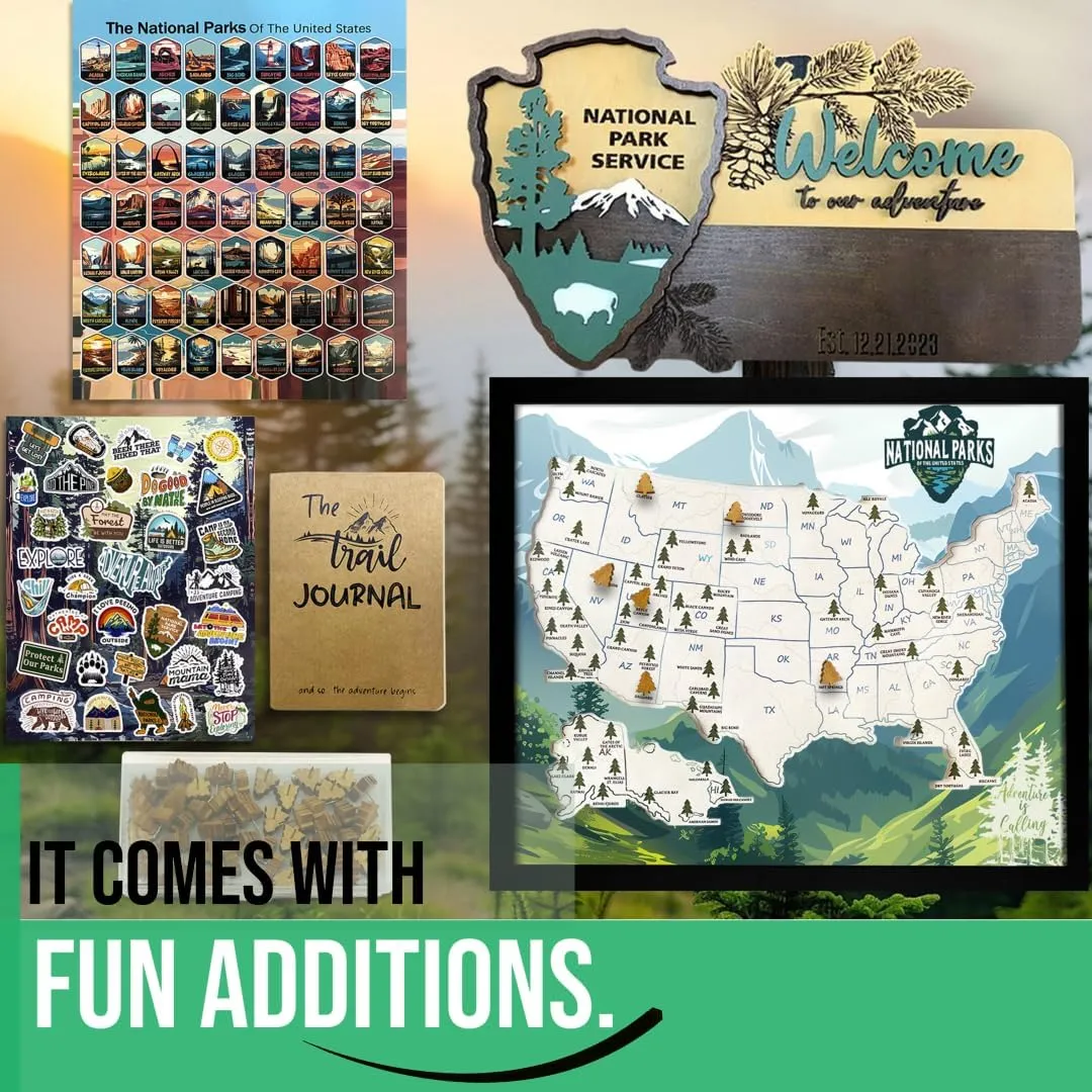 flinelife National Parks Map With Wooden Pine Tree Pins, 12X10, National Park Bucket List Cork Map, Perfect for National Parks Lovers, Hiker, Couples and Families Gift