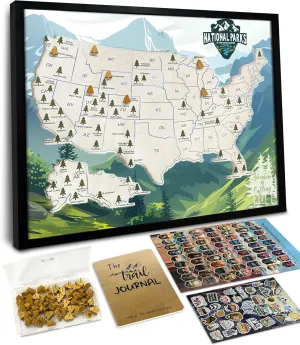 flinelife National Parks Map With Wooden Pine Tree Pins, 12X10, National Park Bucket List Cork Map, Perfect for National Parks Lovers, Hiker, Couples and Families Gift