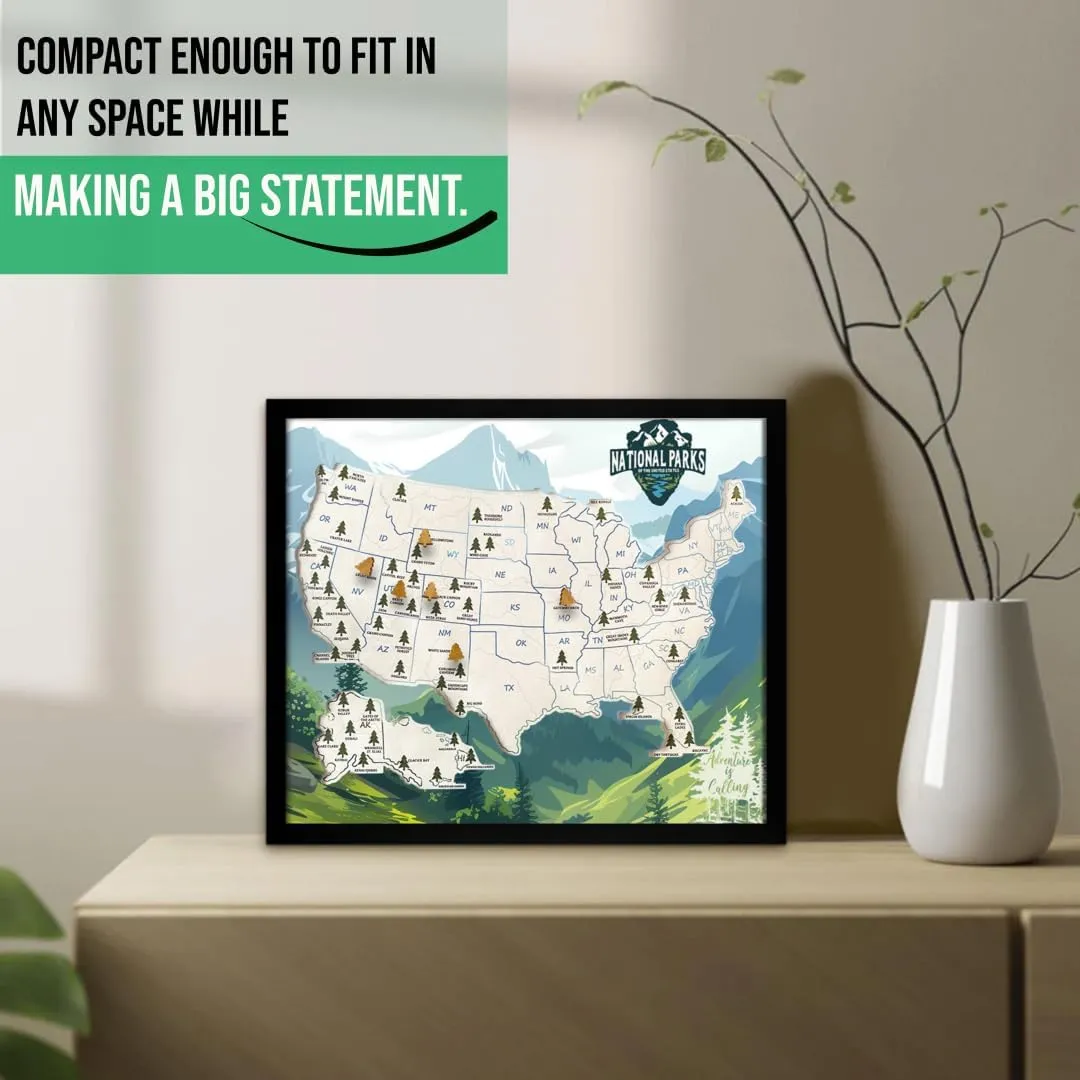 flinelife National Parks Map With Wooden Pine Tree Pins, 12X10, National Park Bucket List Cork Map, Perfect for National Parks Lovers, Hiker, Couples and Families Gift