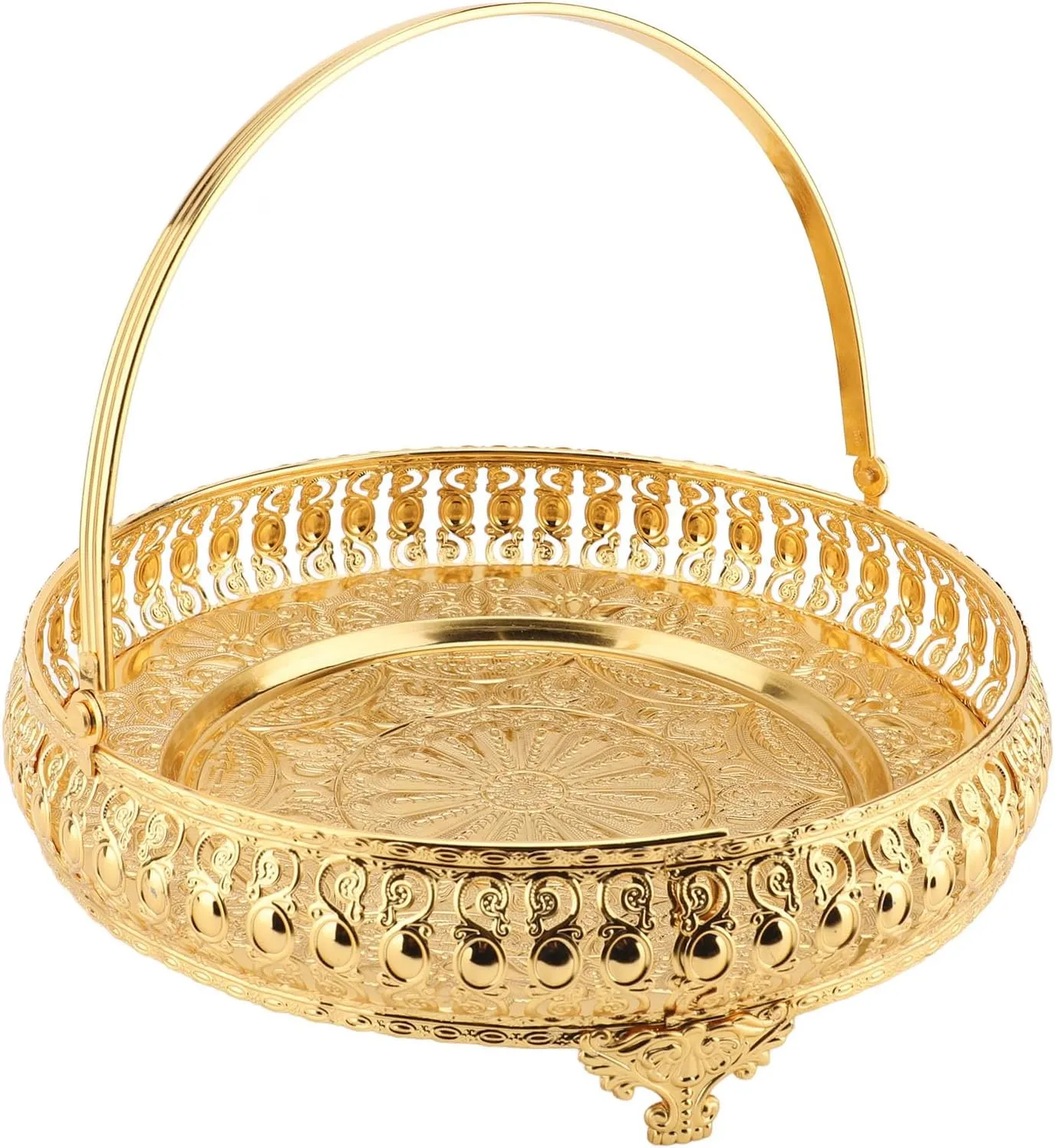 Fockety Serving Tray, Alloy Retro Round Fruit Tray Exquisite Carving Patterns Elegant and Luxurious Large Capacity Fruit Bowl with Handle for Holiday Party Wedding Decoration