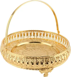 Fockety Serving Tray, Alloy Retro Round Fruit Tray Exquisite Carving Patterns Elegant and Luxurious Large Capacity Fruit Bowl with Handle for Holiday Party Wedding Decoration