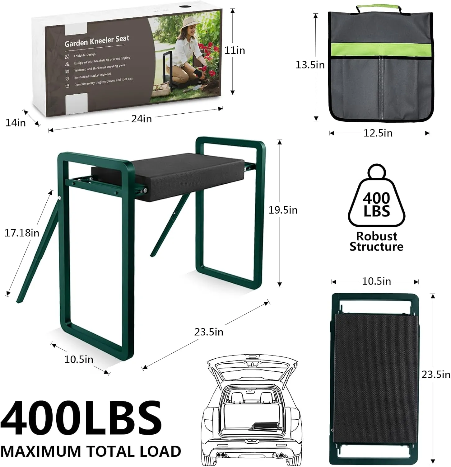 Foldable Garden Kneeler Seat Heavy Duty with Support Bracket [Upgraded Widened Thick 10'' Kneeling Pad] Garden Stool with Large Garden Tool Bags with Pockets -Gardening Gifts for Parents