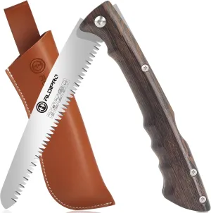 Folding Pruning Saw 7 Inch with Leather Sheath and Wenge Wooden Handle, SK5 Steel Blade, Foldable Hand Saw for Camping, Survival, Wood Cutting, Bushcraft and Tree Trimming