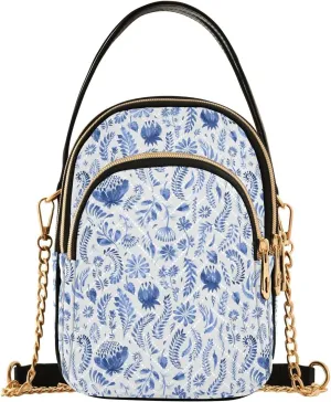 Folk Blue Floral Herbs Leaves Small Crossbody Bag Quilted Handbags for Women Chain Shoulder Bag