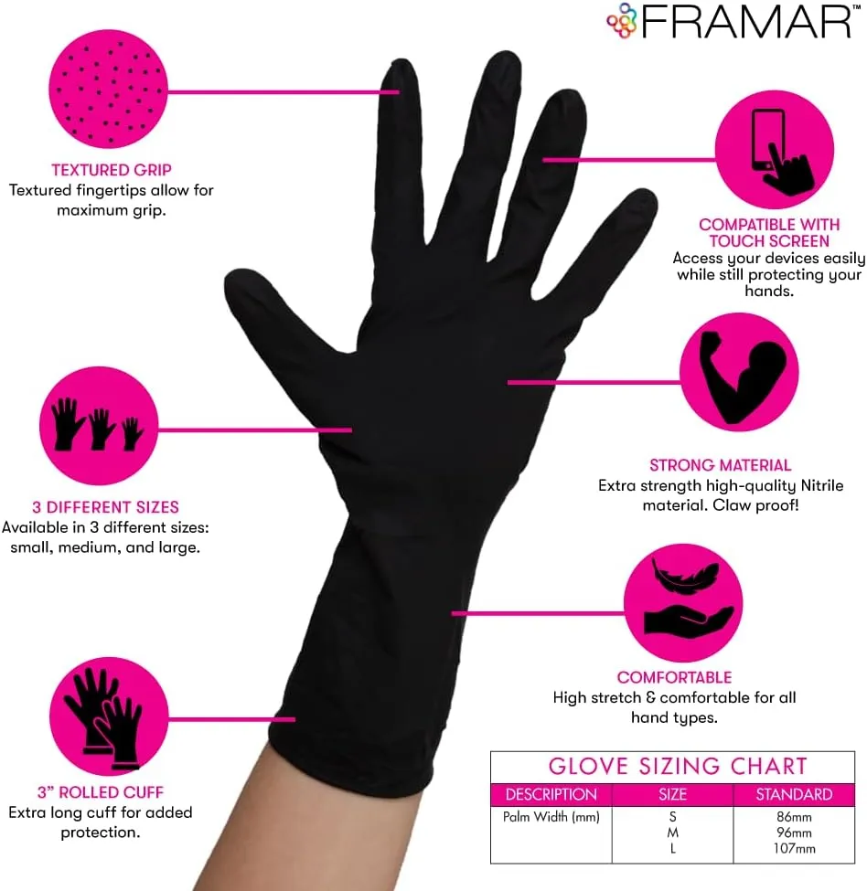 FRAMAR Black Disposable Gloves Large – 12 INCH Latex Free Gloves Large, Guantes Desechables, For Hair Dye, Cleaning, Tattoo, Mechanics – Extra Durable & Resistant – 100 Pack
