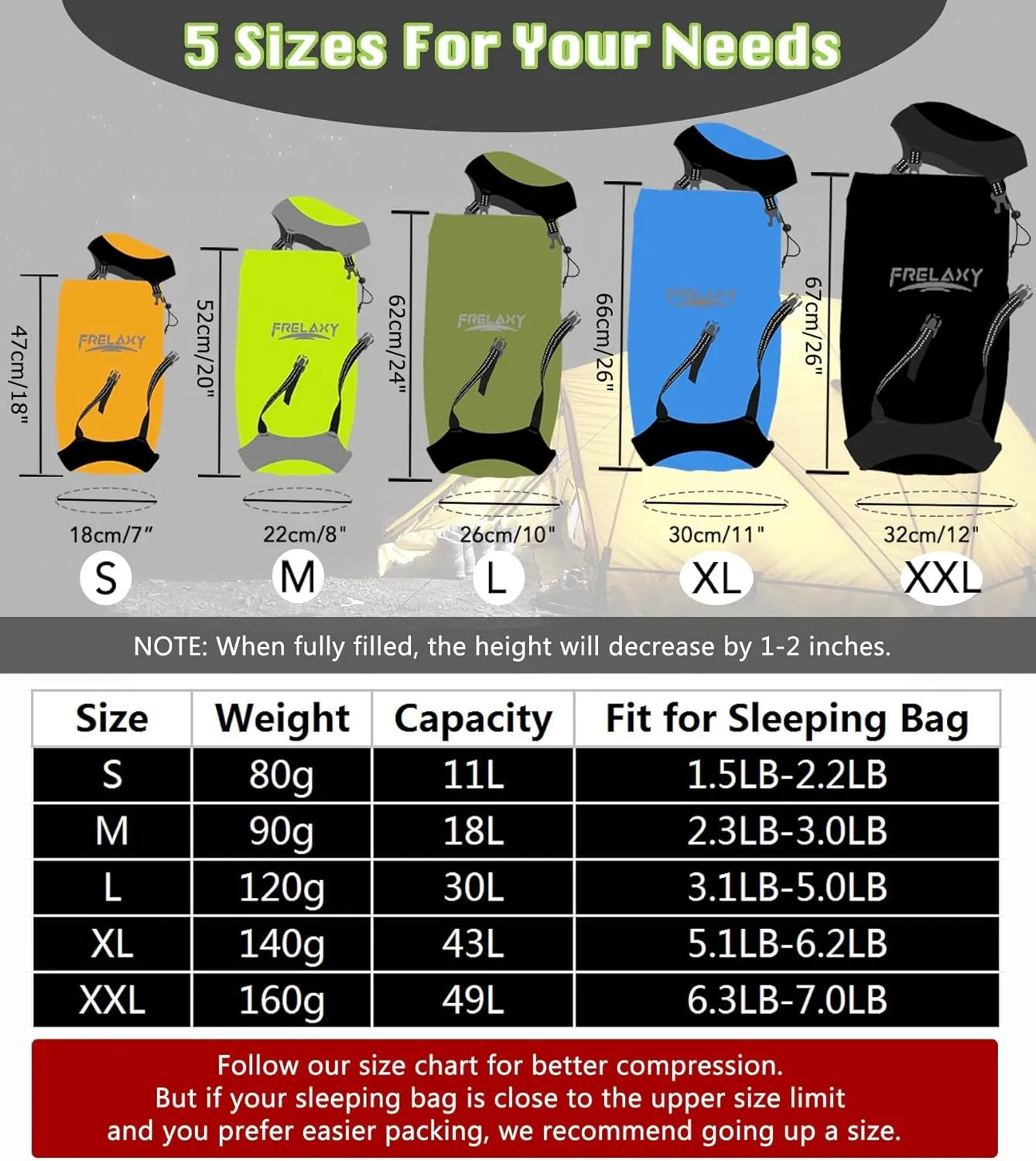 Frelaxy Compression Sack, 40% More Storage! 11L/18L/30L/45L/52L Compression Stuff Sack, Water-Resistant & Ultralight Sleeping Bag Stuff Sack - Space Saving Gear for Camping, Hiking