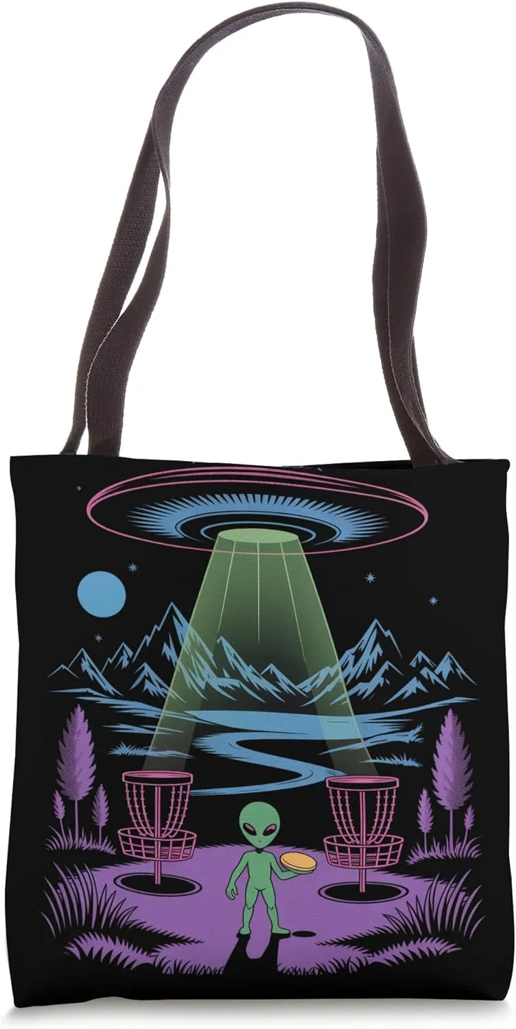 Funny Alien Playing Frisbee Cool UFO Disc Golf Tote Bag