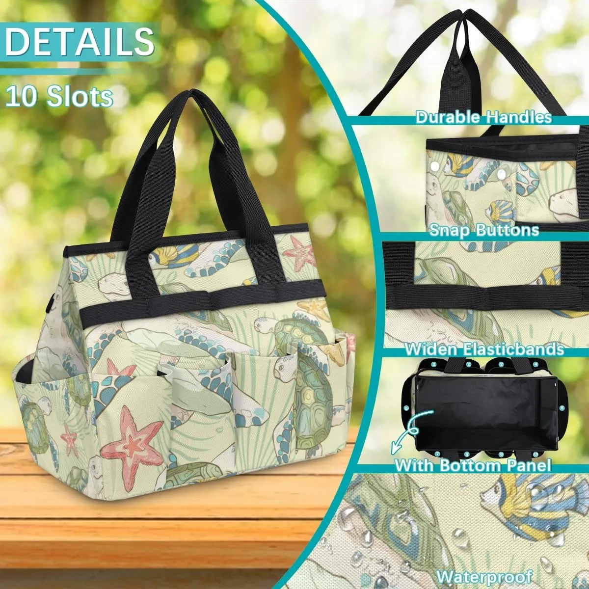 Funny Turtle Garden Tool Bag Garden Storage Tote Bag with 10 Pockets & Handle Oxford Garden Home Tool Storage Tote Organizer for Men Women, Great Gardening Gift