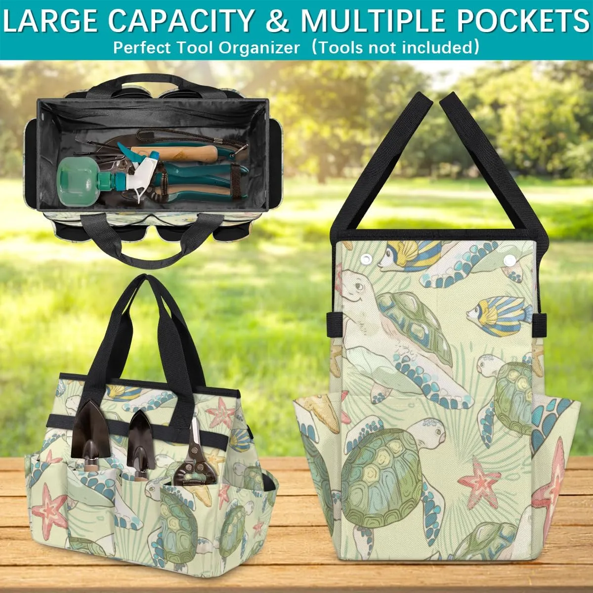 Funny Turtle Garden Tool Bag Garden Storage Tote Bag with 10 Pockets & Handle Oxford Garden Home Tool Storage Tote Organizer for Men Women, Great Gardening Gift