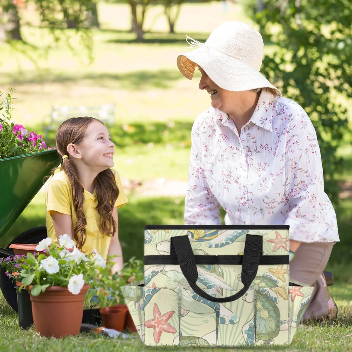 Funny Turtle Garden Tool Bag Garden Storage Tote Bag with 10 Pockets & Handle Oxford Garden Home Tool Storage Tote Organizer for Men Women, Great Gardening Gift