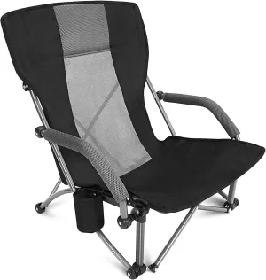 G4Free Low Sling Folding Beach Camping Chairs Compact Concert Lumbar Back Support with Carry Bag Black