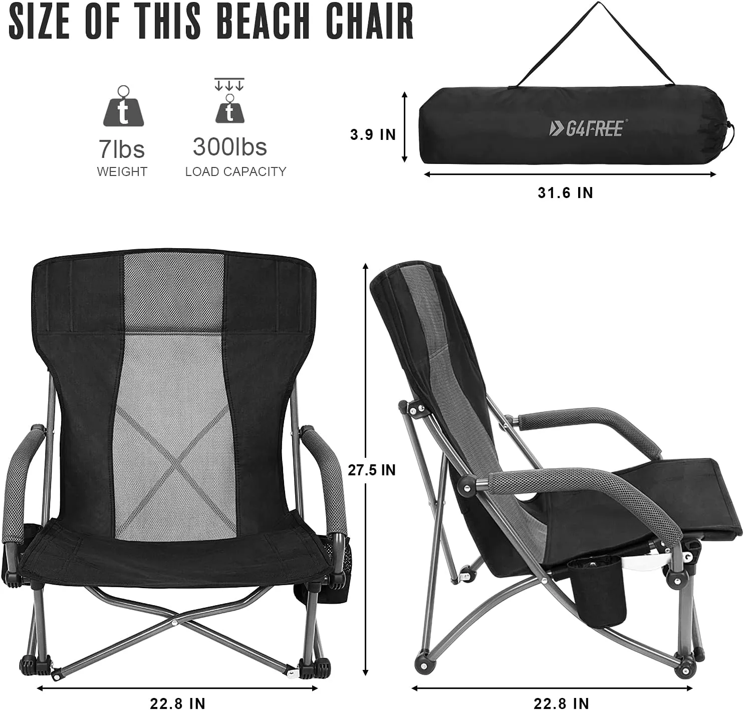 G4Free Low Sling Folding Beach Camping Chairs Compact Concert Lumbar Back Support with Carry Bag Black