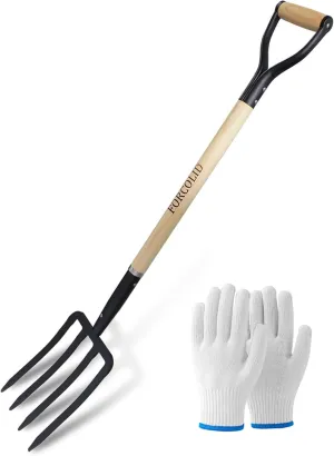 Garden Fork, 4-Tine Spading Digging Fork, Pitch Fork-45Inch, Forged Steel Y-Grip, Wood Handel